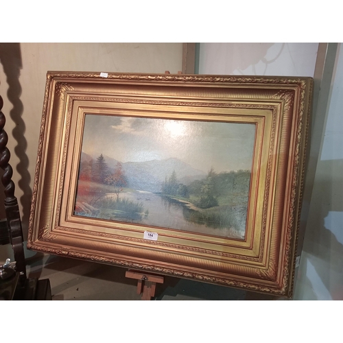 184 - Lovely oil on canvas painting of a river and mountain scene, signed by the artist
Approx 72 x 54 cm.