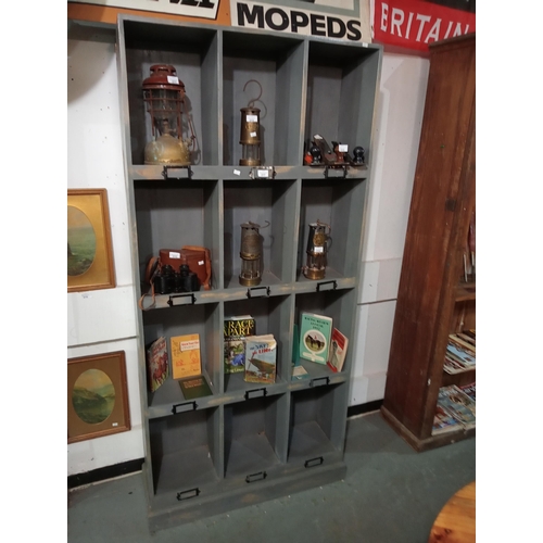 217 - Solid wooden grey painted industrial style wooden pigeon hole display unit approx 89 x 189cm