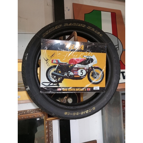 218 - Fabulous motorcycle memorabilia of a BSA signed metal plaque on a Dunlop Racing tyre plus hand made ... 