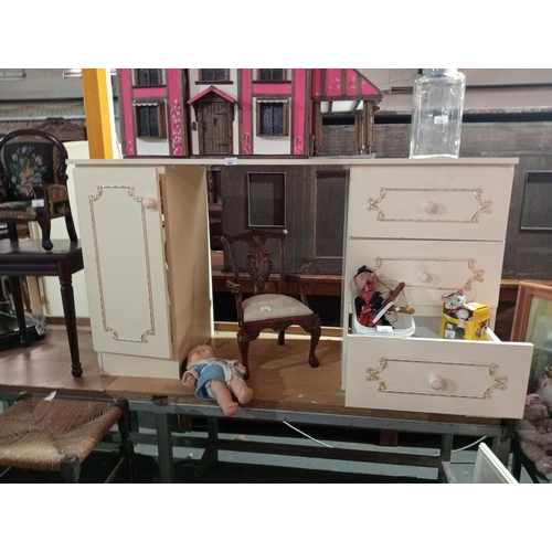 265 - Lovely cream dressing table or desk with gilded panelling, single cupboard on one side and 3 drawers... 