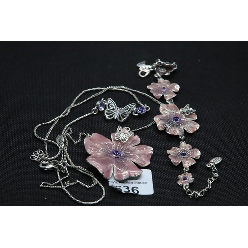 636 - Pretty Pilgrim Danish Design enamelled floral necklace and bracelet set with butterfly embellishment... 