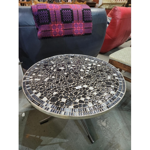 747 - Designer Round Mosaic style black and white coffee table metal base retro