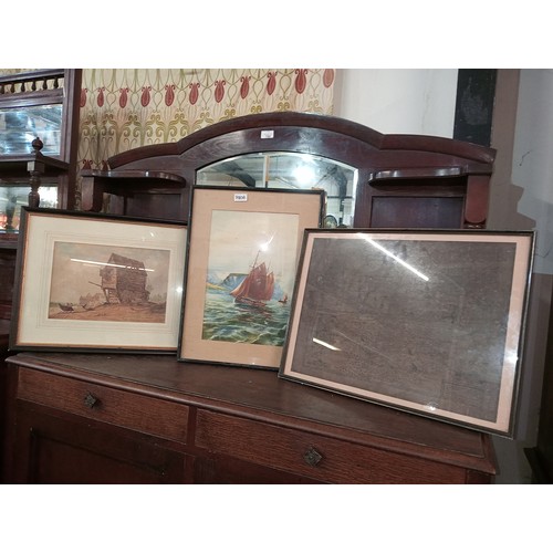 780A - Antique map of Shropshire plus 2 water colour paintings depicting a boat at sea and one other.