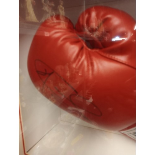 1353 - FRAMED BOXING GLOVE SIGNED BY 
JOE CALZAGHE WITH COA AND ADDITIONAL PHOTOGRAPHS.