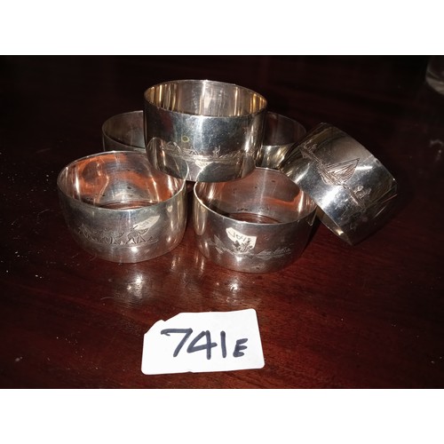 741E - 90g! Iraqi Niello Silver napkin rings set of 6 with images on both sides