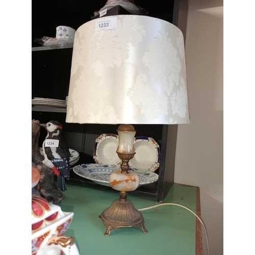 1233 - Beautiful antique onyx and brass detailed lamp with cream damask shade.