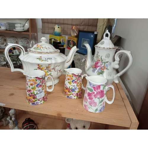 1264 - Beautiful musical coffee pot plus vintage teapot and pretty milk jugs.