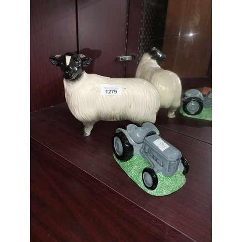 1279 - Ceramic sheep and BORDER FINE ARTS ceramic tractor.