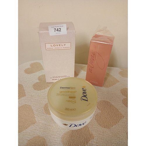 742 - BRAND NEW, LOVELY BY SARAH JESSICA PARKER PERFUME, ALWAYS PERFUME AND DOVE DERMA SPA CREAM