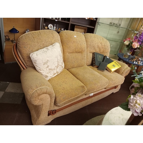 793 - QUALITY AND IN FANTASTIC CONDITION 3 SEATER FLORAL SOFA WITH BEAUTIFUL WOODEN SCROLL DESIGN