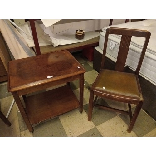 1450 - VINTAGE OCCASION WOODEN TABLE ON CASTORS AND VINTAGE OAK CHAIR