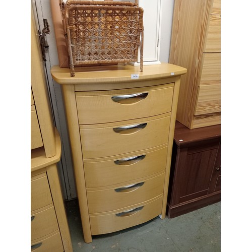 1470 - QUALITY MODERN BEECH 5 DRAWER CHEST OF DRAWERS WITH CROME HANDLES,  70 W X 112 H X 43 D CM