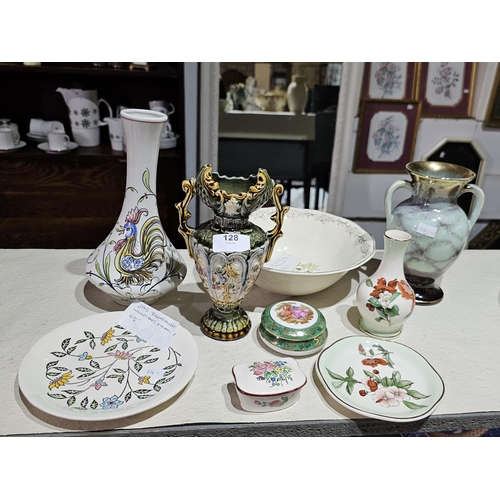 128 - Gorgeous hand painted Portuguese vase together with a JAS Broadhurst hand painted plate, a lovely Ba... 