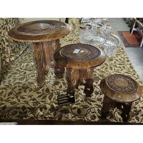 177 - Set of 3 beautiful Indian inspired intricately carved stools with inlaid metal leaf detail