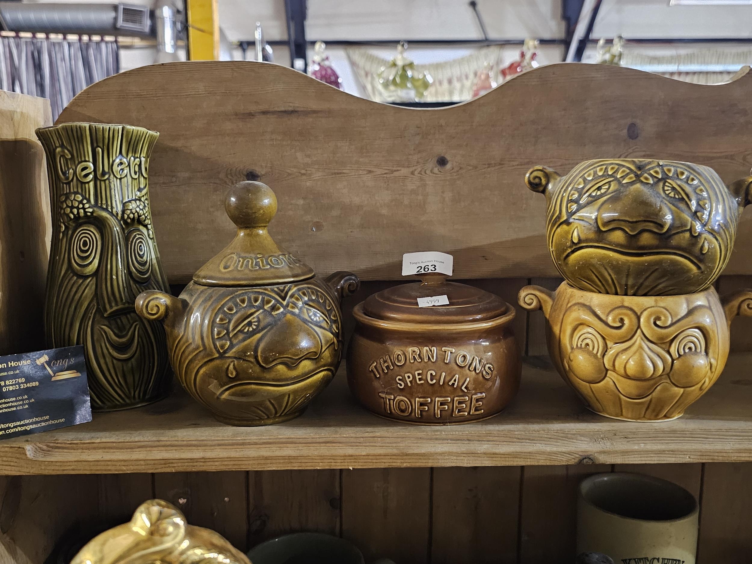 Collection of 5 pickle pots celery pots onions and toffee