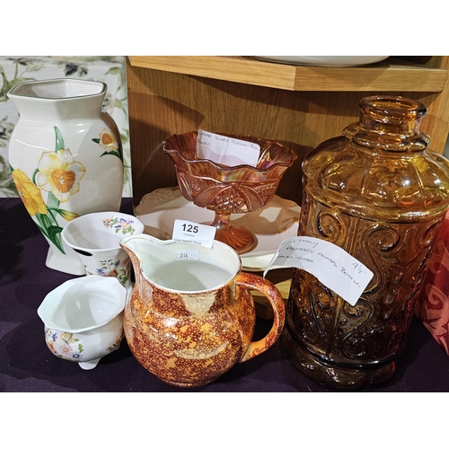 125 - Lovely ceramic and glass selection including Leighton Pottery glazed jug, gorgeous lustre glass pede... 