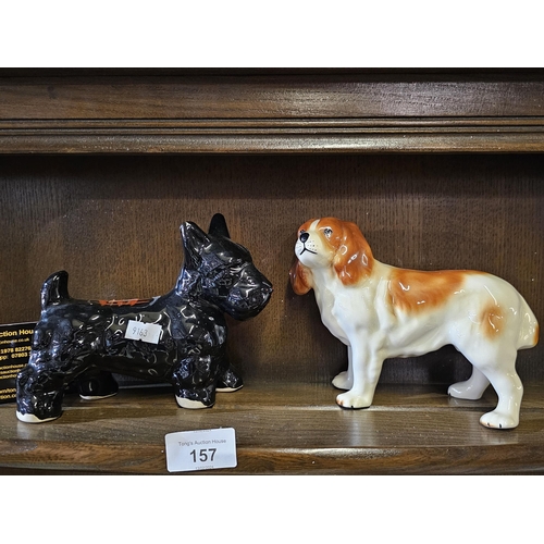 157 - China models of a black Scotty dog and a lovely English China Spaniel