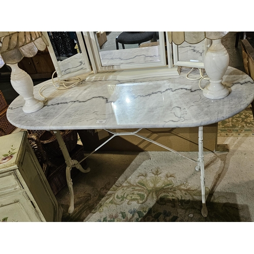 168 - Lovely large marble topped table with heavy,iron white painted legs.