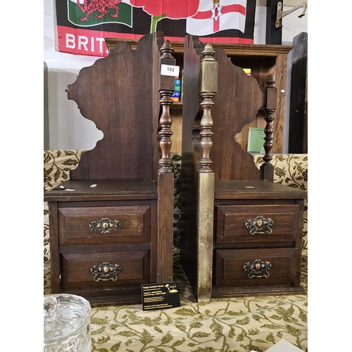 182 - 2 ornate wooden corner units with shelf and 2 drawers with metal handles