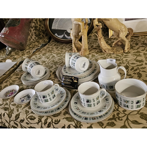 187 - Lovely Royal Doulton Tapestry teaset together with 2 Royal Worcester pin dishes