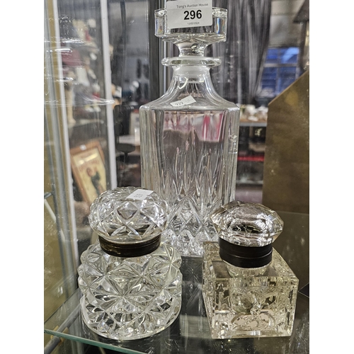 296 - 2 lovely glass perfume bottles with metal rims, together with a lovely square glass decanter with or... 