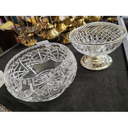 402 - Lovely cut glass flower bowl together with cut glass rose bowl with white metal pedestal and wire gr... 