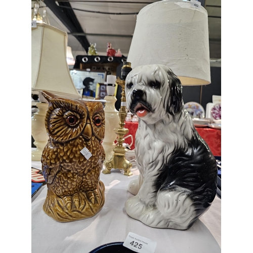 424 - 2 lovely large ceramic figurines, one a brown glazed owl the the other an Old English Sheepdog