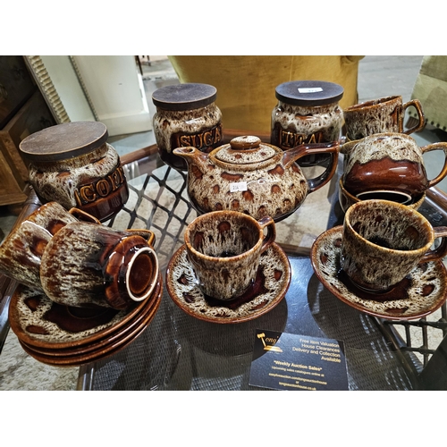471 - Lovely brown glazed pottery tea set with 3 storage jars