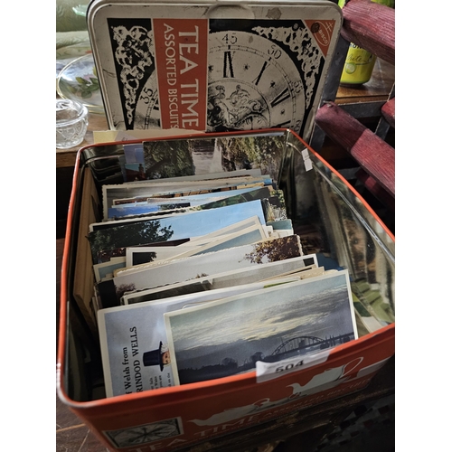 504 - OLD TEA TIME TIN FULL OF VINTAGE POSTCARDS AND PHOTOS