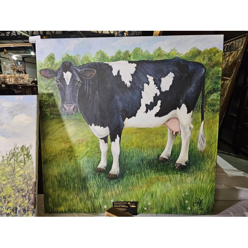 135 - Large Original canvas painting of Daisy the cow by J Mickle, signed as JAX. Approx 60x60cm