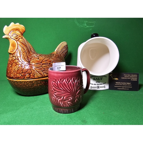 17 - Glazed Sylvac mug, glazed Price chicken shaped lidded dish and Arthur Wood glazed salt pig