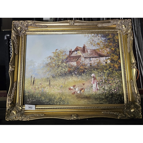 362 - A fine oil painting by Artist 1945 Les Parsons showing a Farm house cottage with a young girl in a f... 