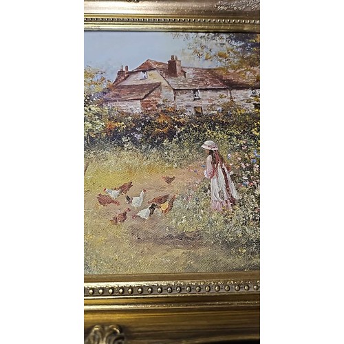 362 - A fine oil painting by Artist 1945 Les Parsons showing a Farm house cottage with a young girl in a f... 