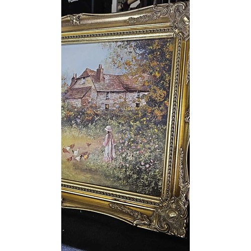 362 - A fine oil painting by Artist 1945 Les Parsons showing a Farm house cottage with a young girl in a f... 