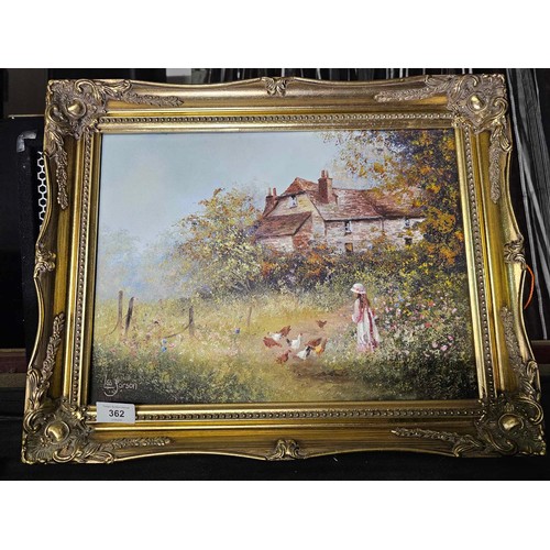 362 - A fine oil painting by Artist 1945 Les Parsons showing a Farm house cottage with a young girl in a f... 