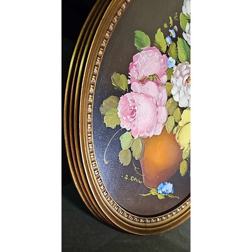 363 - A Fine oil on board bouquet painting by Artist R Rosini still life in oval frame