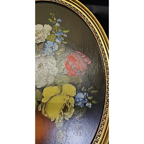 363 - A Fine oil on board bouquet painting by Artist R Rosini still life in oval frame