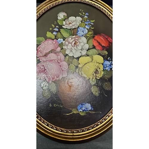 363 - A Fine oil on board bouquet painting by Artist R Rosini still life in oval frame