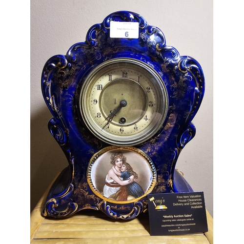 6 - Hand painted porcelain vintage Cobalt blue Antique gilded mantle clock.