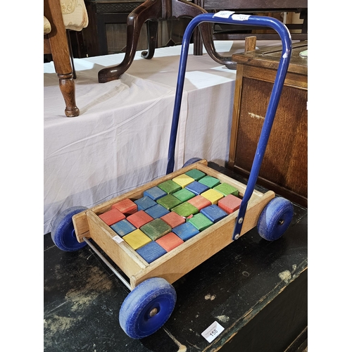 157 - Vintage children's pull along cart with painted wooden blocks