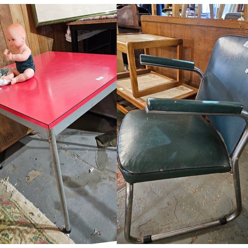 72 - 72 & 408 Fantastic vintage barbers chair covered in dark green leather effect fabric on chrome base.... 