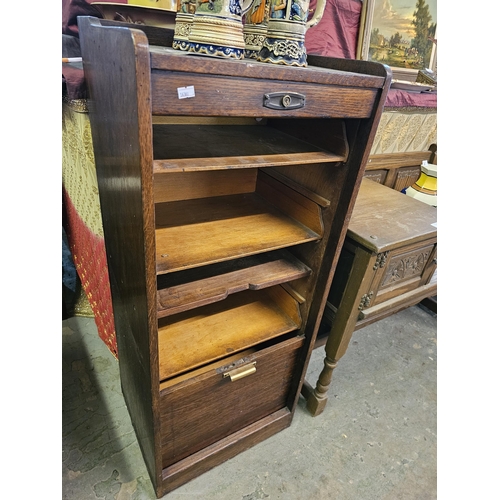 37 - Antique wooden office storage unit with 2 pull out wooden shelves, fixed shelves and a rolling woode... 