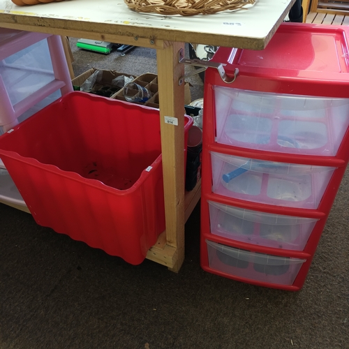 814 - Large red and clear plastic 4 drawer storage unit together with a large red storage box