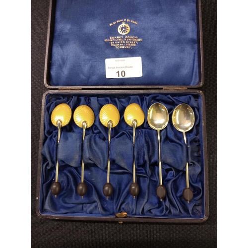 10 - Cased set of six bean topped silver hallmarked enamelled spoons 1934