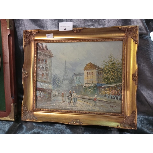 4 - Stunning oil on board of French Scene Signed Burnett 12'' x 10'' wooden Gilt frame