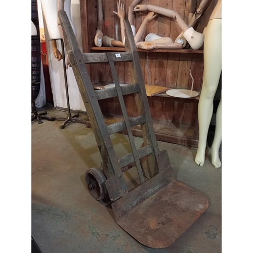 49 - Solid early porters trolly/ industrial sack truck, wooden and metal construction marked Sheet metal