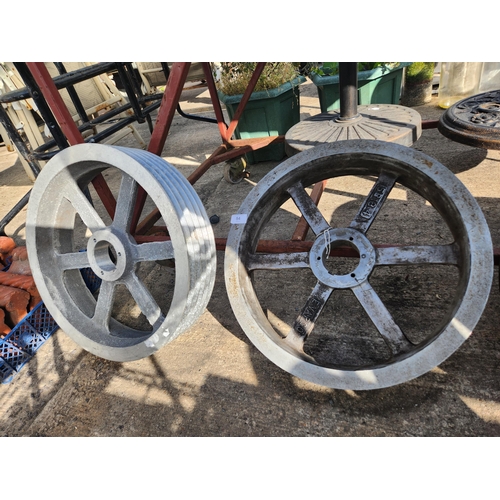 54 - 2 LOTS 53, 54, TWO EVAPCO 5B18.4  ALLOY PULLEY WHEELS, TWO INDIA 20 X 3  VINTAGE FARM WHEELS