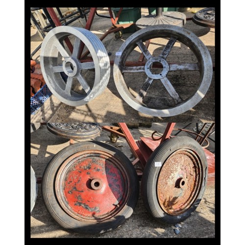 54 - 2 LOTS 53, 54, TWO EVAPCO 5B18.4  ALLOY PULLEY WHEELS, TWO INDIA 20 X 3  VINTAGE FARM WHEELS