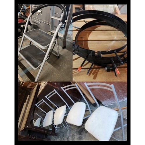 146B - JOB LOT 146B, 148D, 178, 4X METAL CHAIRS, METAL SPIKED RINGS, FOLDING STURDY STEPS