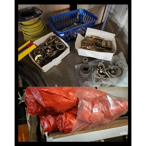 139 - 2 LOTS 139 AND 183 COLLECTION OF ITEMS INCLUDING ROLL OF EARTH WIRE,  FITTINGS HINGES  ETC AND INSUL... 